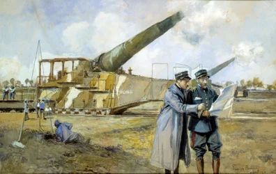 Första världskriget: 400 batteri i oktober 1916 (ALVF eller ALGP (Large Range Heavy Artillery) av de stora krigsbefälhavarna observerar en stridsplan. Målning av Francois Flameng (1856-1923)