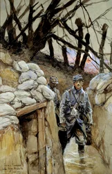 Första världskriget: ”En soldat på soppkorvé i skyttegraven Notre-Dame-de-Lorette, 28/06/1915”. Akvarell av François Flameng (1856-1923), juni 1915, sol. 0,3 x 0,48 m, Paris, Musée de l