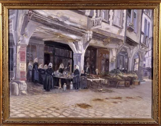 Marknad under verandorna i Dinan - av F. Gombeaux, sent 1800-tal