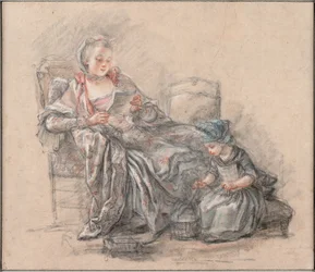 Kvinna som läser och en flicka som spelar (förmodligen Marquise de Pompadour med sin dotter Alexandrine), 1748