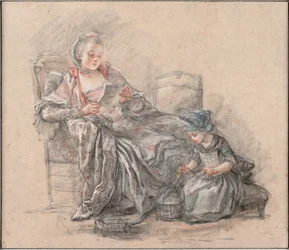 Kvinna som läser och en flicka som spelar Marquise de Pompadour med sin dotter Alexandrine, ca 1748