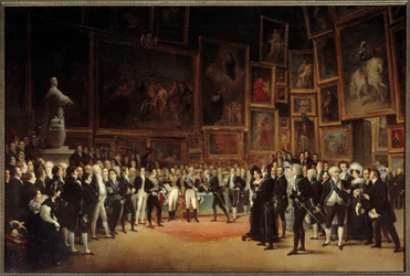 Kung Karl X (1757-1836) delar ut priser till konstnärer efter utställningen 1824, målning av François Joseph Heim (1787-1865), 1827, 1,73 x 2,56 m