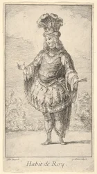 Habit de Roy: en man som bär en tonnelett dekorerad med rosetter, en krona och en turban med..., ca. 1721.