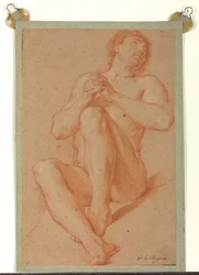 En sittande akademiker naken med händerna knäppta, ca 1723-24 (röd och vit krita på ljusbrunt papper)