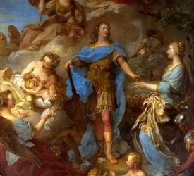 Detalj av "" kung Ludvig XV (1710-1774) som ger fred åt Europa"" Allegori vid tiden för Sevillafördraget, gudinnan Minerva är representerad. Målning av Francois le Moyne (1688-1737) 1729 sön. 3,82x2,95 m - Detalj av kung Ludvig XV (1710-1774) bringin