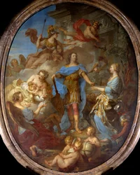 Kung Ludvig XV (1710-1774) ger fred åt Europa Allegorie vid tiden för Sevillafördraget, gudinnan Minerva är representerad. Målning av Francois le Moyne (1688-1737) 1729 sön. 3,82x2,95 m .