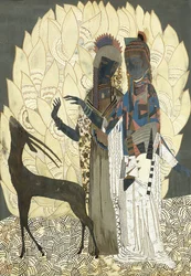 Två stiliserade kvinnor med en antilop bland lövverk, ca 1928 (lack och coquille d