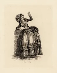 Fashionabla kvinna i huva a la Nicolet, era av Marie Antoinette (etsning)
