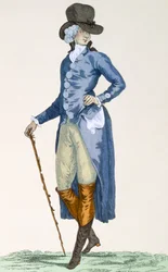 Kungahusets mästare i en genomarbetad blå rock, graverad av Le Beau, platta nr 256 från "Galeries des Modes et Costumes Francais", ca 1778-87.