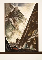 Prometheus spikas fast vid klippan av Hefaistos, Kratos och Bia, ur Aiskylos Den fjättrade Prometheus, utgiven 1941