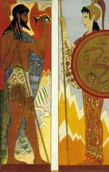 Homeros Odysséen: gudarna Poseidon och Athena, graverad av Theo Schmied, färglitografi, 1930-33