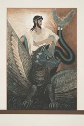 Ulysses och draken från Prometheus Enchained av Aeschylus, pub. 1941 (stenciltryck)