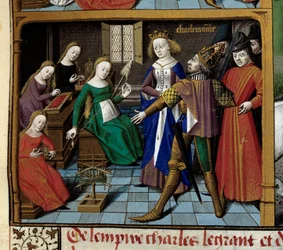 Scener ur Karl den Stores (742-814) kung av frankernas liv: kejsaren besöker kvinnor som spinner ull. Miniatyr hämtad från manuskriptet "Speculum historiale"" (Le Mirror historial) av Vincent de Beauvais (1184/94-1264) upplyst av mästaren Franc