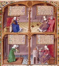 De fyra kardinalvirusen: försiktighet, styrka, kontinens och rättvisa. Sidan hämtad från ett manuskript av Seneque (Lucius Annaeus Seneca, 4 f.Kr.-65 e.Kr. JC), filosof av den stoiciska skolan, dramatiker och en romersk statsman upplyst av mästaren Francoi