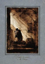Saint Francis, knäböjer i bön i sin cell