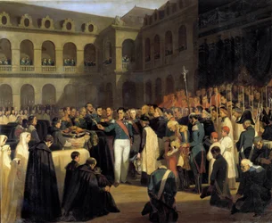 Begravning för offren för Fieschi-attacken den 5/08/1835 i närvaro av kung Louis-Philippe Attacken av Giuseppe Fieschi (korsikansk konspiratör) ägde rum den 28 juli 1835 mot Louis-Philippe I, fransmännens kung, Boulevard du Tempel i Paris. P