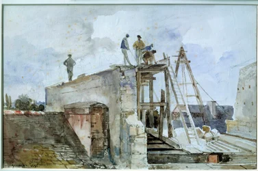 Husbyggarbetsplats under uppbyggnad sett från Granetfönstret på Institutet. Akvarell av Francois Marius Granet (1775-1849). 1800-talet. Dämpa. 0,25x0,38 m. Paris, Louvren