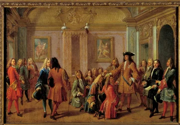 Första befordran av riddarna av Saint-Louis-orden av Ludvig XIV i Versailles den 8 maj 1693 Målning av Francois Marot (1666-1719) 1600-talets sön. 51 x 0,76 m.