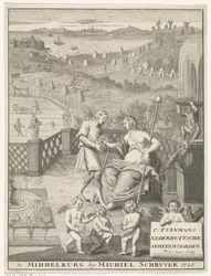 Holländsk jungfru får blommor av en trädgårdsmästare Titelsida för: Carolus Tuinman, Uppkomsten och tolkningen av (...) Nederduitsche ordspråk, 1726.