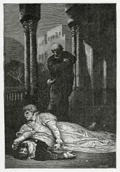 Dona Sol dör på Hernanis lik, 1800-talet (bw-gravyr)