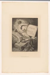 Titeltryck med man på stenmonument Eaux Fortes Nouvelles (titel på objekt) Etsningar av olika grafiker från 1877 (serietitel) L