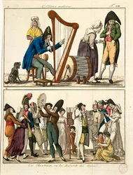 Karikatyr av modern Ossian och gatusångare, av Francois Nicolas Martinet, gravyr