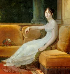 Detalj av ""Porträtt av kejsarinnan Josephine de Beauharnais (1763-1814) i hennes salong i Malmaison"" Målning av Francois Gerard (1770-1837) 1801 Sön. 1,71x1,64 m Malmaison, slottsmuseum - Hellängdsporträtt av kejsarinnan Josephine de Beauharnais