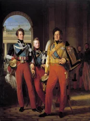 Porträtt till fots av Louis-Philippe I (1773-1850), hertig av Orleans i uniform som överste-general av Hussarderna, och av hans söner: hertigen av Chartres och hertigen av Nemours målning av Louis Hersent (1777-1860) efter Francois Gerard (1770-1837) 1832.