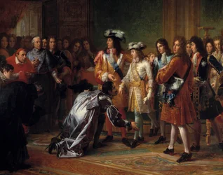 Kungörelse av hertigen av Anjou, kung av Spanien under namnet Filip V, den 16 november 1700 (i blå kostym, bakom kardinalen till vänster, står Jacques-Benigne (Jacques Benigne) Bossuet). Målning av Francois Gerard (1770-1837). 1700-talets sön