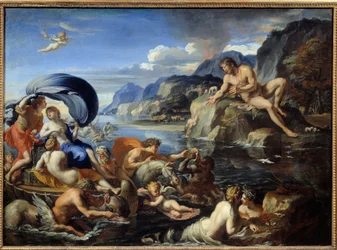 Acis och Galatee Nymfen Galatee och Acis, observeras av Cyclops Polyphee, avundsjuka på sin idylliska kärlek. Enligt Ovids "Metamorphoses". Målning av Francois Perrier