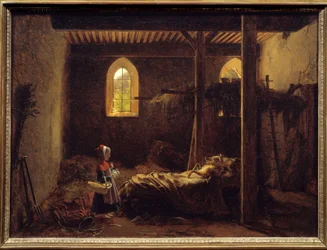 Rödluvan Illustration av Charles Perraults berättelse, Rödluvan framför vargen utklädd till mormor. Målning av Francois Richard Fleury (1777-1852) 1800-talets sön. 0,35x0,47 m .