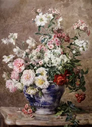 Stilleben med anemoner och rosor i blåvit vas. Målning av Francois Rivoire (1842-1919) Privat samling.