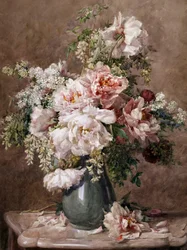 Stilleben med pioner och rosor. Målning av Francois Rivoire (1842-1919) Privat samling.