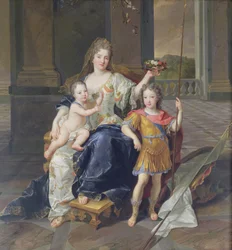 Hertiginnan de la Ferte med hertigen av Bretagne och hertigen av Anjou (Louis XV) c.1712 (olja på duk)