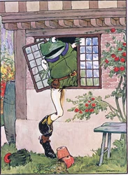 Grodan klättrade genom fönstret, illustration från "The Frog would a Wooing Go", av Charles H. Bennett, 1916