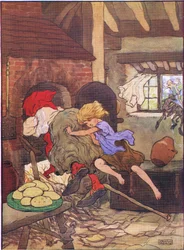 Gretel knuffade snabbt in henne i ugnen, ur Hans och Greta, utgiven av Blackie & Son Limited, omkring 1940