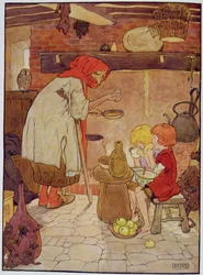 Hans och Greta matas av häxan, illustration ur „The Beautiful Book of Nursery Rhymes, Stories and Pictures“, av Frank Adams, utgiven av Blackie und Son