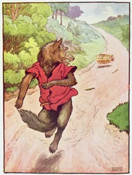 "Han sprang iväg lika fort som hans ben kunde ta honom", illustration från "De tre små grisarna", publicerad 1930-talet (färg litho)