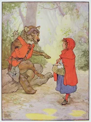 Rödluvan och vargen, illustration ur ”The Beautiful Book of Nursery Rhymes, Stories and Pictures” av Frank Adams, utgiven av Blackie und Son