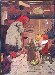Hon ledde in dem och gav dem en vacker middag, från Hansel and Gretel publicerad av Blackie & Son Limited, ca 1940