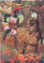 "Sir Calidore and the Blatant Beast" ur "The Faery Queen" av Edmund Spencer illustrerad i "Childrens Stories from the Poets" av M.D.Belgrave och H.Hart (färglitografi)