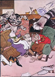 Katten och hennes kattungar kom tumlande in, illustration från "The Frog would a Wooing Go", av Charles H. Bennett, 1916