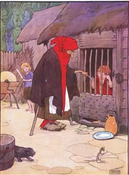 Den gamla kvinnan stängde in Hansel i ett stall, från Hansel and Gretel publicerad av Blackie & Son Limited, ca 1940