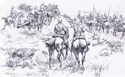 Bullers kavalleri och artilleri på frammarsch mot Bergendal, illustration från After Pretoria: The Guerilla War, 1902