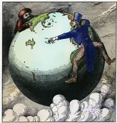 Den stora depressionen: Onkel Sam och den ryske motståndaren slåss om jordklotet, ca 1875 (gravyr)