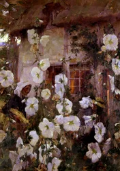 "Kvinnor i en trädgård i skymningen. Målning av Frank Bramley (1857-1915)