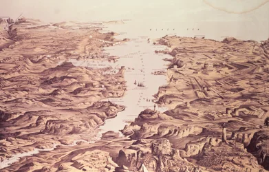 Panoramavy av norra och södra sidan av Sebastopols hamn, ritad och litograferad av Thomas Packer, utgiven av Stannard and Dixon, 1855.