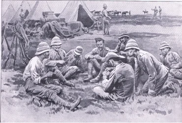 Trötta soldater som njuter av vila, från After Pretoria: The Guerilla War publicerad av Harmsworth Bros Limited, 1901