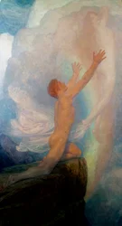 "In Quest of Truth" är en allegorisk framställning av sökandet efter sanningen, med en man på toppen av ett berg som försöker fånga en flyktig kvinnogestalt. Målning av Frank Dicksee (1853-1928) (prerafaelit)
