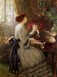 "Old Songs Två kvinnor i en medelklassig viktoriansk interiör, den ena spelar piano medan den andra lyssnar längtansfullt från en fåtölj. Målning av Frank Dicksee (1853-1928) Privat samling